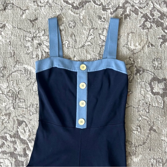 Staud Navy Jumpsuit with Light Blue Trim and Button Front - Picture 2 of 8